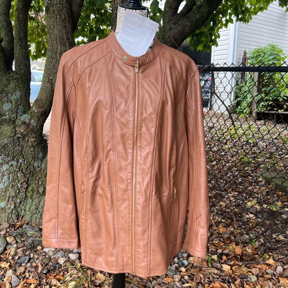 MAINPOL BROWN LEATHER JACKET SIZE 22 NEW